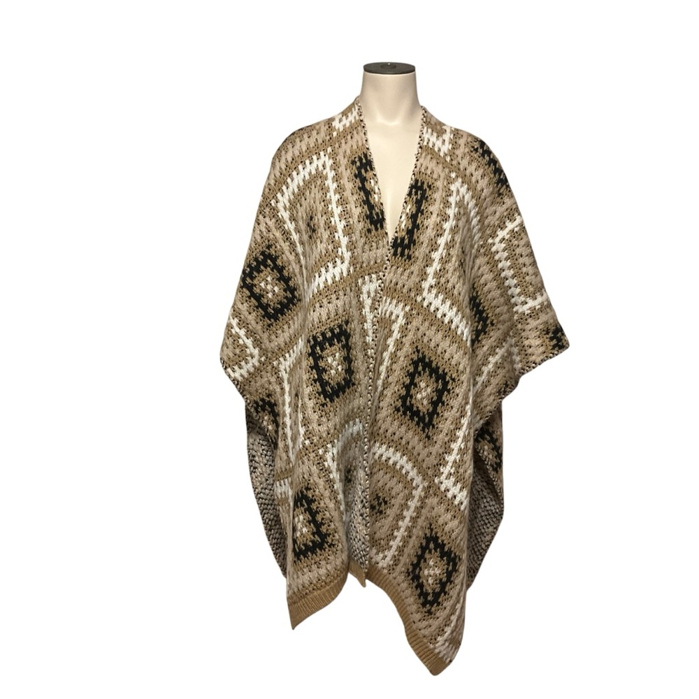 COCOGIO sz One Size Alpaca Blend Crochet Boho Knit Poncho Neutrals Multicolor